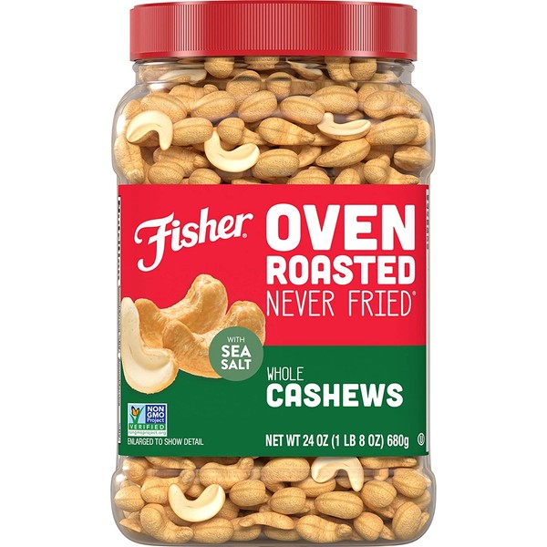 FISHER Snack Oven Roasted Never Fried Whole Cashews, 24 Oz, Made With Sea Salt