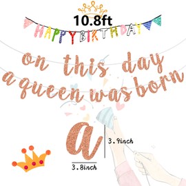 On this Day a Queen was Born Banner, letrero de feliz cumpleaños para mujeres, regalo de cumpleaños para madre/esposa, suministros de decoración de fiesta de cumpleaños/género, purpurina de oro rosa