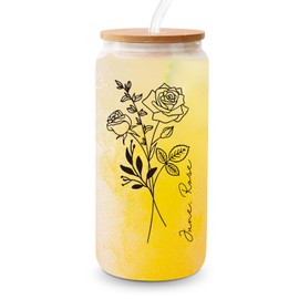 Frerdui Birth Flower Glass Cup with Lid and Straw - Birthday Gifts for Women - June Birthday Gifts Ideas for Her Girlfriend Friends Wife Mom Daughter Sister - 18 Oz Floral Iced Coffee Cup (June.Rose)