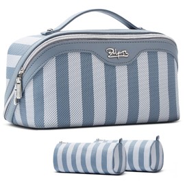 BOYATU Travel Makeup Bag Cosmetic Bag for Women: 3 Pcs Set Striped Make up Bag with Compartments - Waterproof Vegan Leather Toiletry Bags with Handle - Makeup Organizer for Travel Essentials(A-1-Blue)