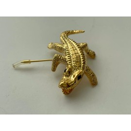 Unbranded Alligator Crocodile Lizard Gold Tone Metal Brooch Pin Black Eyes New 2" Long