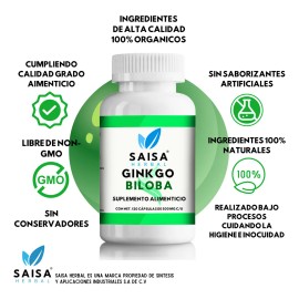 Ginkgo Biloba 120 Cápsulas | Suplemento Alimenticio 100% Puro | Saisa Herbal Sin sabor | Antioxidante, mejora de la memoria, mejor circulación