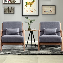 INZOY Mid Century Modern Accent Chair with Wood Frame, Upholstered Living Room Chairs with Waist Cushion, Reading Armchair for Bedroom Sunroom (Dark Grey)