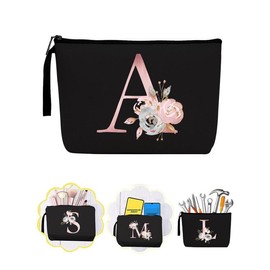 Floral Pattern Portable Makeup Bag, Initial Letter Print Cosmetic Bag, Canvas Cosmetic Organizer Pouch, Makeup Bag for Travel, Travel Essentials - Color: Black, Size: Letter-N