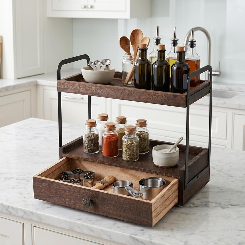 2-Tier Bathroom Counter Organizer with Drawer, Wooden Vanity Countertop Organizer