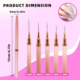 Pack of 5 Brushes for Gel Nails and Nail File, Thin Nail Design Brush, Nail Liner Brush Set, Fineliner Nail Art Brush, Detail Manicure Brush, Thin Nail Brush Set for Striped Lines (7/9/11/15/25 mm)