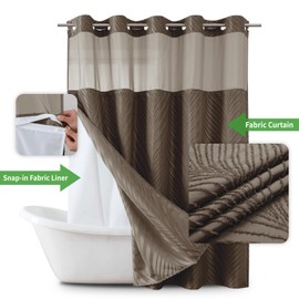 eachope no Hook Shower Curtain and Liner Set，Boho Style with See Through Top Window, Brown Fabric Tufted Striped Textured Outer Curtain & Waterproof Inner Liner, Brown, 71Wx86H