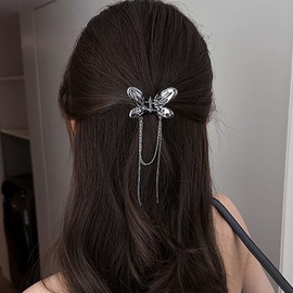 TseenYi Boho Butterfly Hair Clips, Silver Butterfly Tassel Hairpins, Metal Butterfly Claw Clip, Small Butterfly Hair Clip, Butterfly Fringe Claw Clip