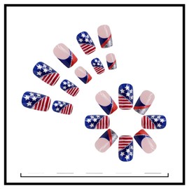 Independence Day Press on Nails Medium Square Fake Nails with Red White Line Glitter Glue on Nails French Tip False Nails Press ons Silver Star 4th of July Stick on Nails for Women 24 Pcs