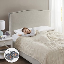 Beautyrest Electric Ribbed MicroFleece Luxury Soft Blanket-Secure Comfort Technology-Two 20-Setting Heat Controllers for Bed or Couch, Queen, Beige