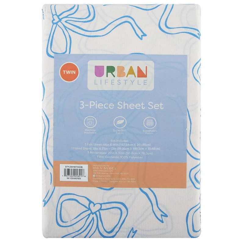 Urban Lifestyle 3-Piece Twin Sheet Set,Baby Blue Coquette Bow Design,