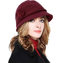 CheChury Women's Wool Winter Hat Warm Knitted Hat Women Beanie Hat Retro Fedora Hats Women Bell Hat Cashmere Hat Women's Bowler Hat Winter Knitted Hat with Peak Women's Melon Hat, B wine