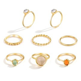 DATOA Boho Knuckle Ring Sets Gold Blue Green Gem Stackable Vintage Colorful Knuckle Gems Rings Good Luck Midi Finger Aesthetic Statement Thumb Ring Set Jewelry for Women - Colorful 8Pcs