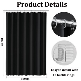 Shower Curtain, Mould Proof Resistant and Waterproof Washable Polyester Fabric with 12 Hooks, Quick Dry, Shower Curtain for Bathroom, Wet Rooms, Shower, Bath (Black, 180x180cm)