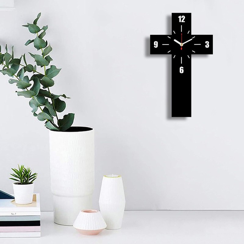 THIDARGO Modern Cross-Shaped Wall Clock, Black, Minimalist Design, 12 x