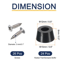 sourcing map 24pcs Rubber Feet Bumpers Buffer Non-Slip Rubber Feet Pad with 3mm Screws for Cutting Board, Cutting Board Feet Non-Slip, Cutting Board Rubber Feet (Black, 0.3"H x 0.6"D)