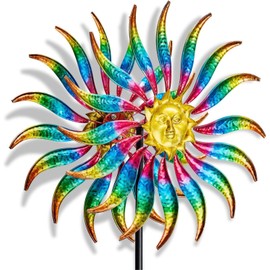 Fawgold 75" Multi-Color Wind Spinners Outdoor Metal Sun Wind Sculptures for Garden, Patio, Yard, Lawn Decorations Double Windmill Spinne