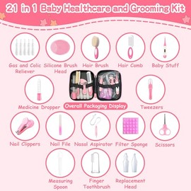 Baby Healthcare and Grooming Kit, 21 in 1 Portable Baby Essentials Kit with Gas Relief Hair Brush Comb Nasal Aspirator for Newborn Boys Girls (Pink)