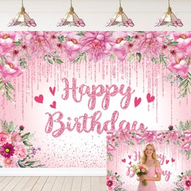 Happy Birthday Backdrop for Women Pink Flower Birthday Background Decorations for Photography Girls Floral Glitters Party Banner Wedding Baby Shower Photo Booth Props (7X5FT)