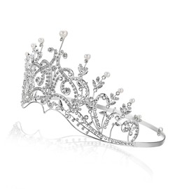 SAMKY Pageant Bridal Rhinestone Crystal Adjustable Tiara Crown - Silver Plated Faux Pearls T419