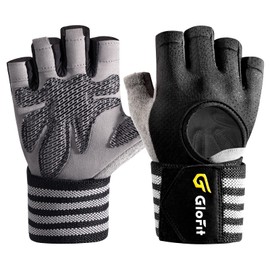 Glofit Workout Gloves with Wrist Wrap Support for Men & Women, Weight Lifting Gloves with Cuved Open Back Fingerless for Cycling, Gym, Training, Crossfit (Large, Black)