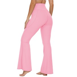 Flare Crossover Leggings with Pockets for Women 28" High Waisted V Cross Wide Leg Yoga Pants Tummy Control Bootcut Workout Gym Pink L