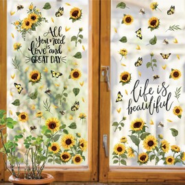 WALPLUS Spring Window Clings Home Decorations Sale Clearance Removable Reusable Double-Sided Print Decals for Glass Living Room Sunflowers Watercolour with Butterflies and Bees 114 Pieces