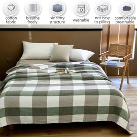 youlanhome 4-Layer Muslin 100% Cotton Blanket, Fluffy Breathable Soft Bed Blankets for Couch, Adults Lightweight Breathable Bath Towel and Kids Travel Throw Blanket,Green Checkered80 X 90"