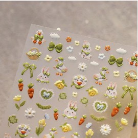 5D Embossed Green Bow Nail Stickers for Nail Art Rabbit Nail Art Stickers Dark Nail Decals Self Adhesive Flower Carrot Nail Art Design Manicure Supplies Charm for Women Nail Art Decorations