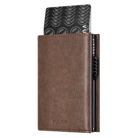 VULKIT Credit Card Holder RFID Blocking Leather Pop Up Card Wallet with Banknote Compartment, ID Window, Coin Pocket & Magnetic Closure