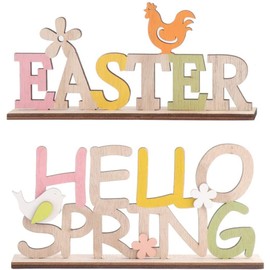 LATRAT Pack of 2 Wooden Lettering Easter Decoration Easter Hello Spring with Bird Flowers, Spring Easter Party Festival Decoration Home Living Room Bedroom