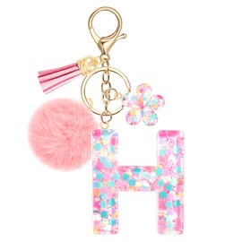JSRQT Initial Letter H Keychain for Girls, Cute Pink Flower Resin Alphabet Keyrings, Flower Bag Charm Pendants with Sequins and Pink Poms, Car Keyring for Women Handbags Backpack Decor
