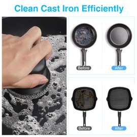 Chain Mail Scrubber Cast Iron with Ergonomic Handle, 316 Cast Iron Skillet Scrubber for Cast Iron Pans, 1 Chain Scrubber Cleaner & 2 Pan Grill Scrapers for Safe Cleaning