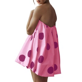 Meladyan Women’s Polka Dot Bubble Mini Dress Strapless Backless Loose Fit Tube Dress Elegant Pleated Elastic Beach Dress