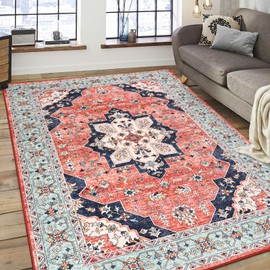 FlyDOIT Vintage Area Rugs for Living Room, 4x6 Red Blue Floral Medallion Washable Rug for Bedroom, Faux Wool Ultra Soft Retro Accent Rug, Non Slip Indoor Carpet for Kitchen Office Dining Room Decor