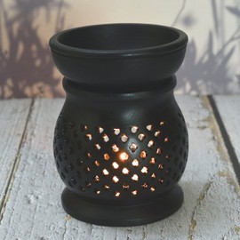 India House Oil Burner Aroma Diffuser|Soapstone Tea Light Holder|Black Hand Carved Jali work|Soapstone|for Aromatherapy- 5 inch (Design 1)