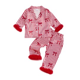 Kuriozud Kids Christmas Pajamas Toddler Girl Santa Feather Trim Button Down Tops Pants Girls Bow Sleepwear Silk Satin Pjs Set (Christmas Bow Stripe Red, 5-6 Years)