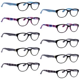 BLUELESS Women's Reading Glasses 10 Pairs Ladies Cat-eye Readers Patterned Design +1.00