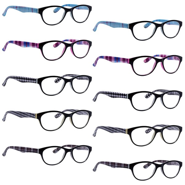 BLUELESS Women's Reading Glasses 10 Pairs Ladies Cat-eye Readers Patterned