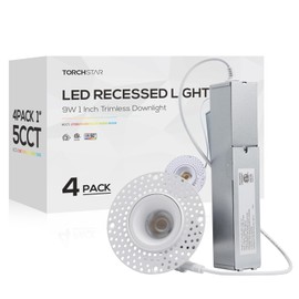 TORCHSTAR 5CCT Trimless 1 Inch LED Recessed Light, 9W 120V Ceiling Canless Round Commercial Dimmable LED Downlight with Junction Box, 2700K-5000K 600LM CRI 90+, ETL, Pack of 4