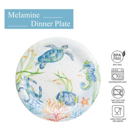 UP UPware Sea Life Serenade Melamine Dinner Plate Set, Round Plates for Main course, Pasta, and Salad, BPA-Free, Dishwasher Safe, Multicolor, 11 Inch, Set of 6