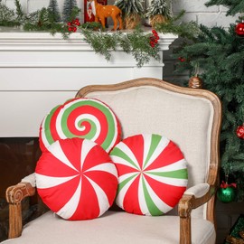 Kigley 3 Pcs Christmas Candy Cane Throw Pillow Red Green White Spiral Lollipop Christmas Throw Pillows Round Pillows for Xmas Holiday Party Bedroom Bed Sofa Bench Couch Home Decorations, 13.8 Inch