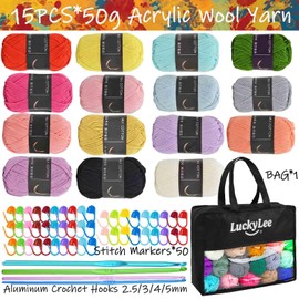 Crochet Yarn Balls(15X50g, 4-Ply), Multicoloured Knitting Wool Yarn with Carry Bag, Aluminum Crochet Hooks Stitch Markers, Acrylic Yarn for DIY Craft