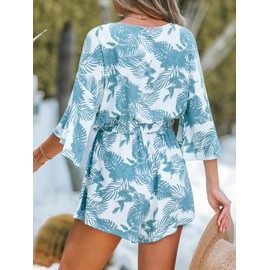 CUPSHE Women's Tropical Floral Leaf Print Belted Romper Mini Jumpsuit with Flare Sleeves