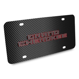 iPick Image Compatible with Jeep Grand Cherokee 3D Logo Red Edge on Black Carbon Fiber Patten Stainless Steel License Plate