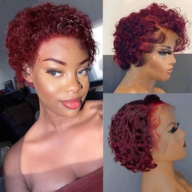 DonsiRol Burgundy Short Curly Pixie Cut Lace Front Wigs 6 Inch Human Hair 13X1 HD Lace Front Wigs Pre Plucked with Baby Hair for Black Women (6 Inch, Burgundy)