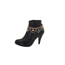 Women Weekend Fashion Boot Bracelet Gold Metal Chain Shoe Turquoise Blue Cross Charm Wave Coin