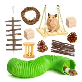 Hsthe Sea 10 Pcs Hamster Chew Toys, Gerbil Rat Guinea Pig Chinchilla Chew Toys Accessories, Natural Wooden Dumbbells Exercise Bell Roller Teeth Care Molar Toy for Rabbits Bird Bunny