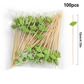 100PCS Cocktail Picks,Cocktail Sticks,12cm Long Handmade Sticks Wooden ﻿Natural Bamboo Cocktail Toothpicks,Mini Food Picks Decorative for Fruits,Desserts,Party Supplies(Green Leaves)