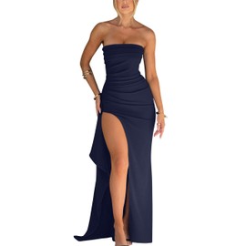 YMDUCH Women's Elegant Strapless Bodycon Ruched Ruffle High Split Long Formal Evening Dress Navy